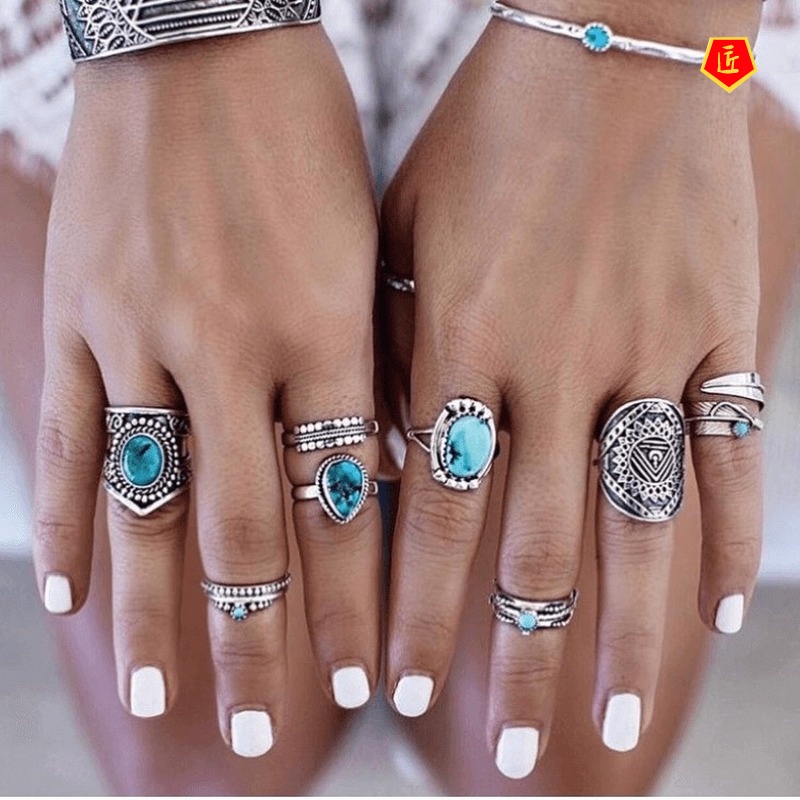 [Ready Stock]Retro Moonstone Silver Ring Women's Black Agate Turquoise