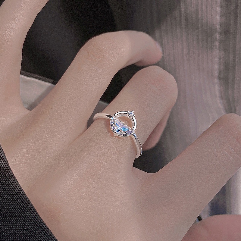 925 Perak Bulat Geometris Kristal Cincin Terbuka Dapat Disesuaikan Cincin Kepribadian Cincin Hadiah Ulang Tahun Wanita