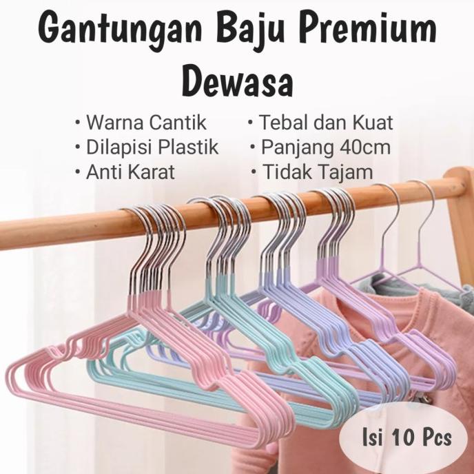 .........] Gantungan Baju Dewasa Lapis Karet Hanger Stainless Makapal isi 10Pcs