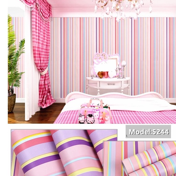 Wallpaper Dinding Kamar Tidur Motif Garis Pelangi