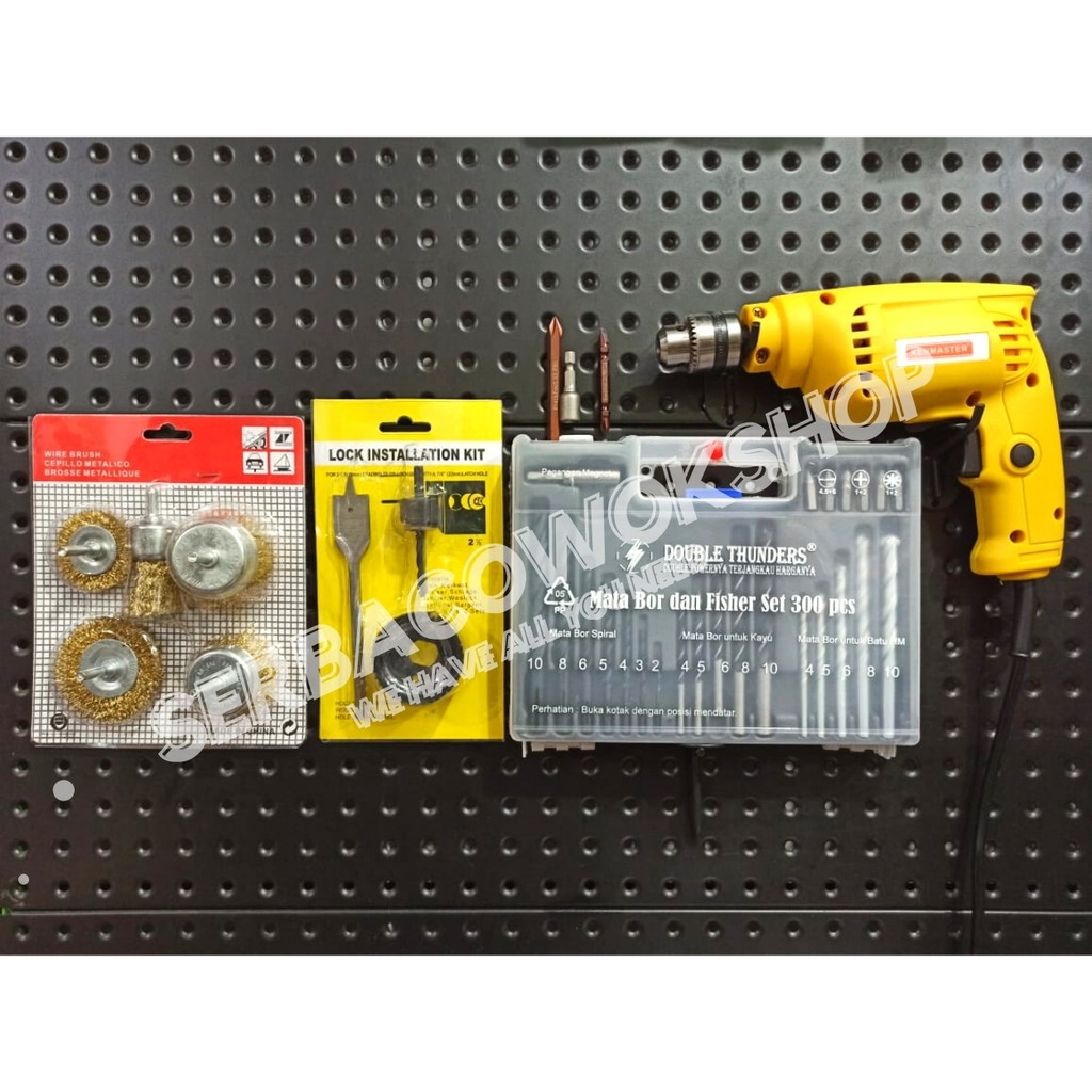 Paket Lengkap Mesin Bor 10 mm 2 Arah + Mata Bor Fischer + Sikat Bor Mangkok + Mata Bor Holesaw