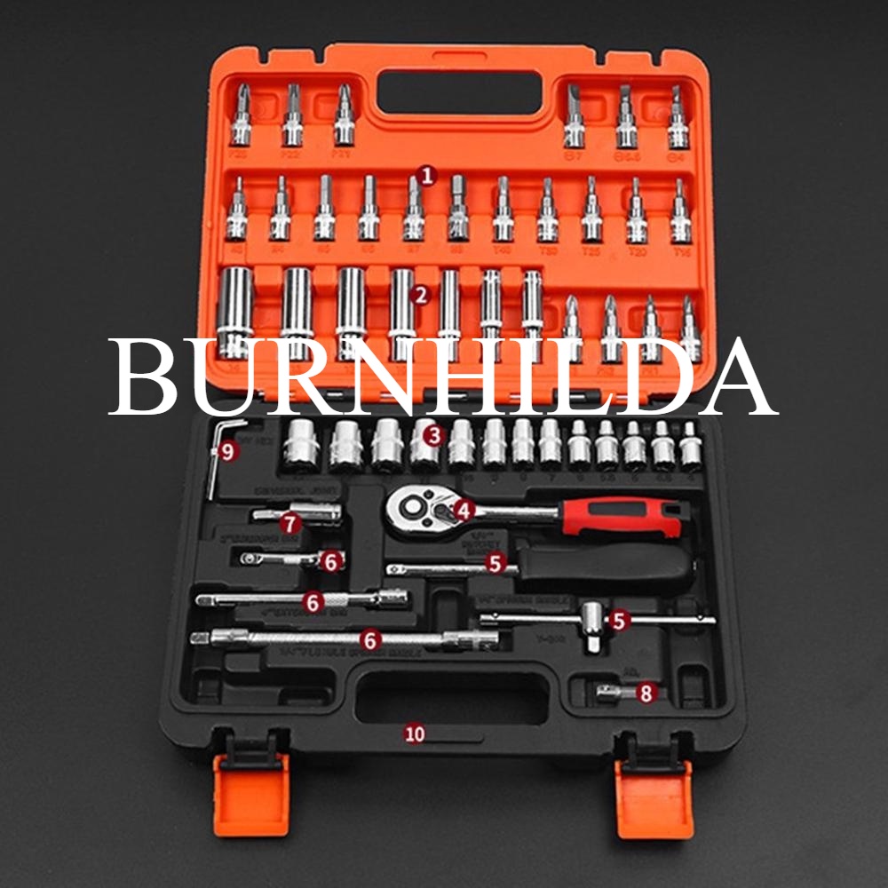 Peralatan Set Kunci Pas 53 in 1 53 Pcs Wrench Socket Set,Mechanics Hand Tool Kit,1/4 Inch Drive Deep Socket Kit, Ratchet Spanner Set for Auto Repair and Household, with Storage Case accesoris mobil burnhilda