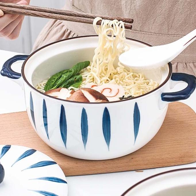 Mangkok Keramik Tahan Panas Dengan Gagang Dan Tutup Bowl Jepang Style