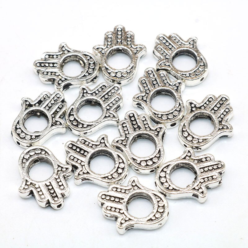 10Pcs Manik-Manik Spacer Bentuk Tangan Hamsa Mata Iblis Warna Silver Ukuran 16x13mm