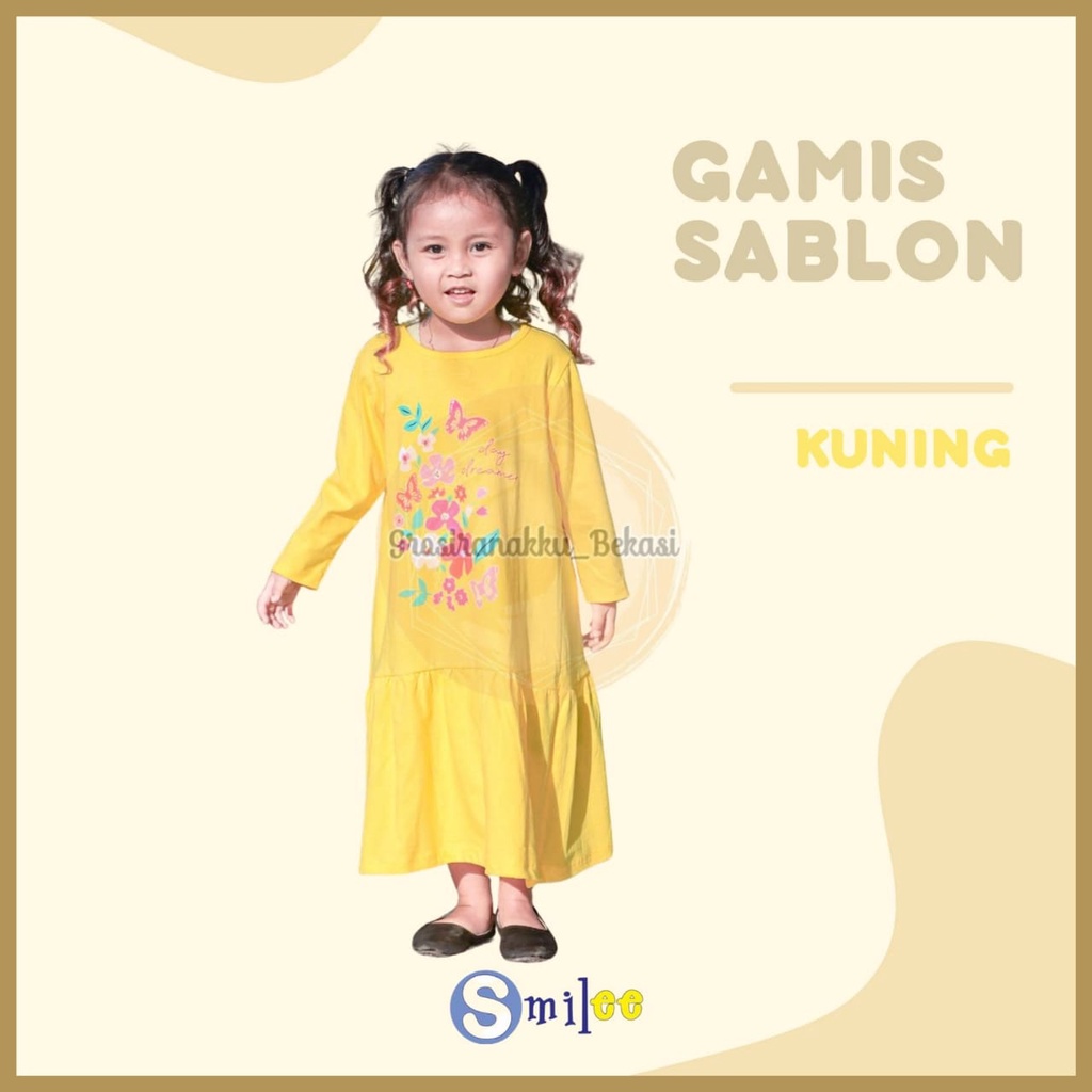 Gamis Kaos Anak Aplikasi Sablon Warna Kuning Size 2-8Tahun
