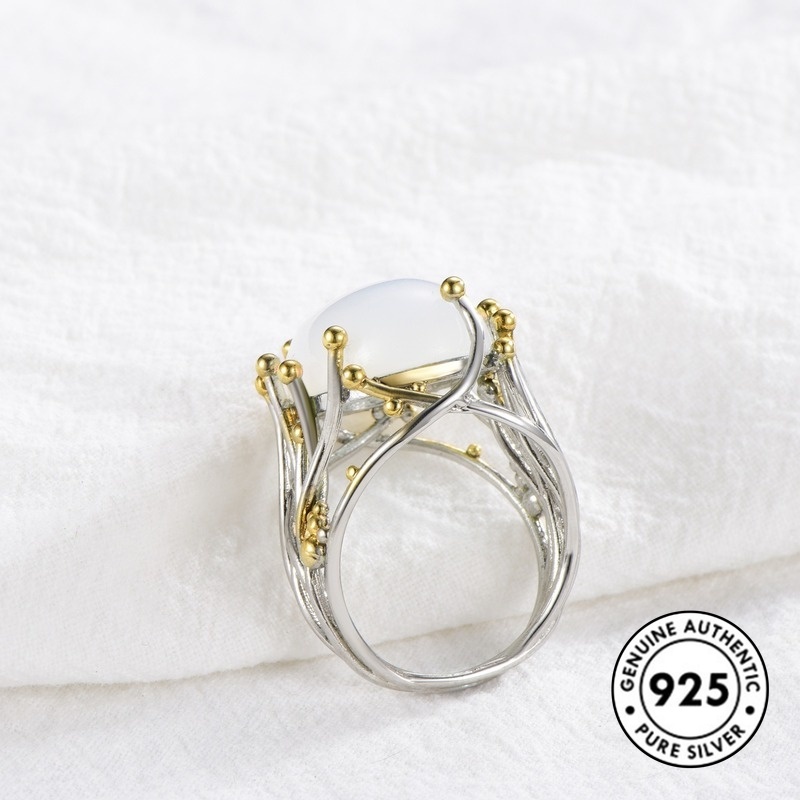 Cincin Batu Bulan Bahan 925 Sterling Silver Lapis Emas