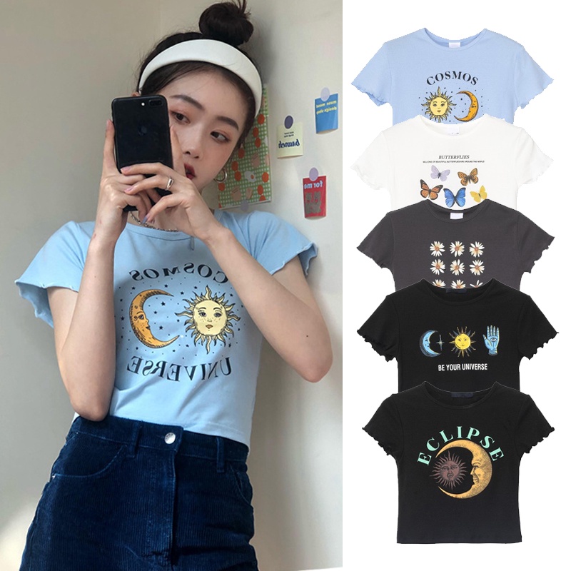 MOOGU ♡ Print crop top kaos wanita t-shirt lengan pendek atasan baju wanita