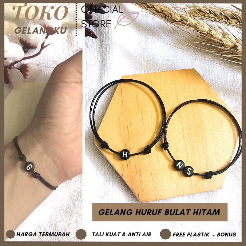 (A-Z) GELANG HURUF BULAT HITAM TALI KOREA TIPIS 1mm KUAT ( BELI 10 FREE 1 GELANG POLOS ) / Gelang Tali Huruf Inisial Pria Wanita / Gelang Couple Sahabat Pacar / Bracelet initial Abjad