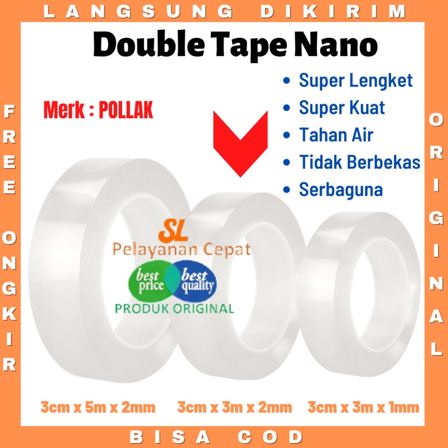 Double Tip Bening Nano Tape POLLAK 3Meter x 2mm Super Kuat Lengket Tahan Air