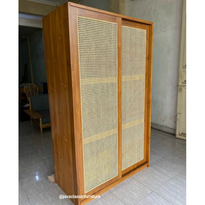 ALMARI PAKAIAN CUSTOM LEMARI SLEDING ROTAN MINIMALIS RETRO VINTAGE CABINET PINTU 2 LACI DALAM NATURAL BAHAN KAYU JATI TUA FURNITURE JEPARA-1