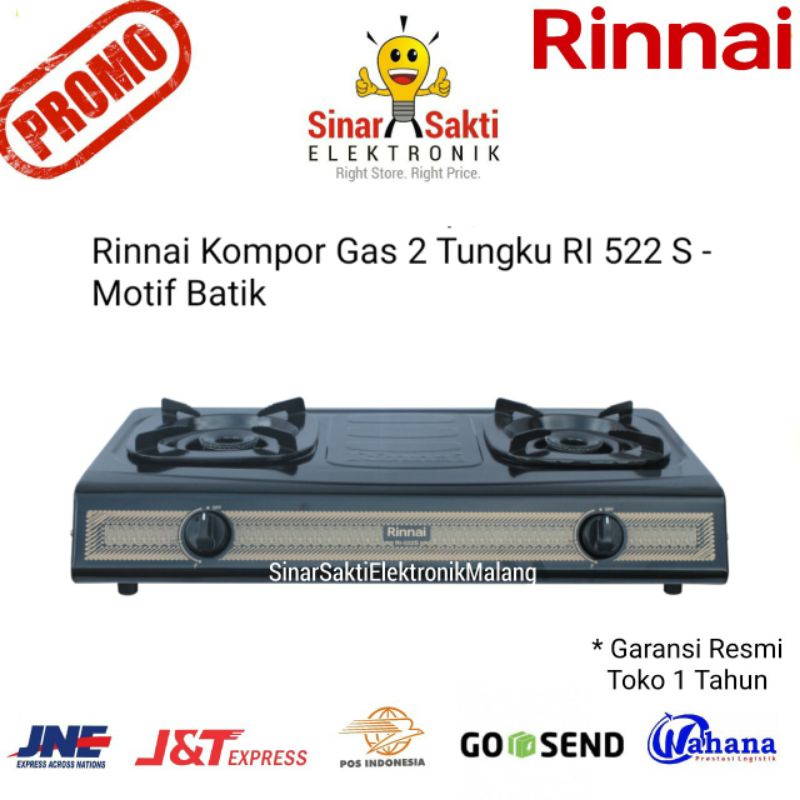 Rinnai Kompor Gas 2 Tungku RI 522 S RI522S 522S Motif Batik Hitam Teflon Garansi Malang SNI