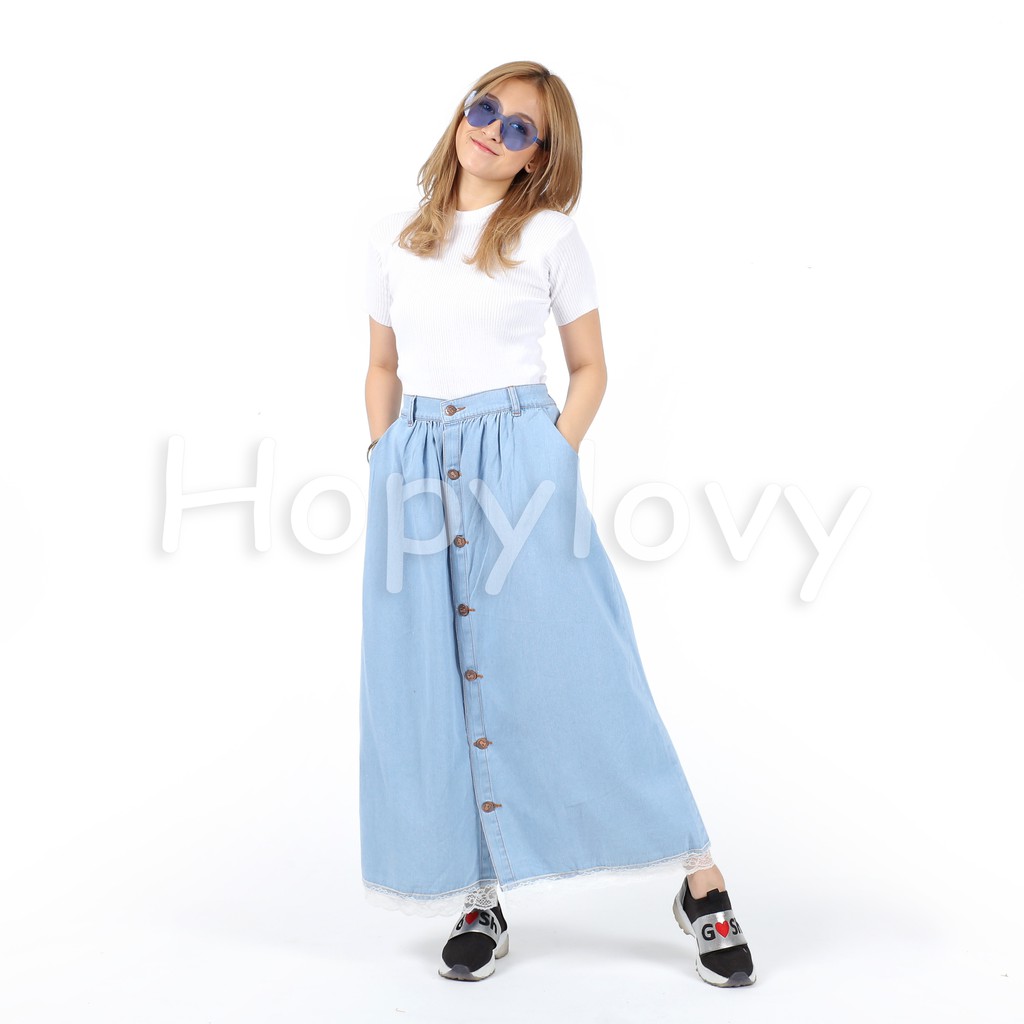 HOPYLOVY - Rok Jeans Panjang Rok Jeans Wanita Kancing Button Up Daniza Bawah Renda