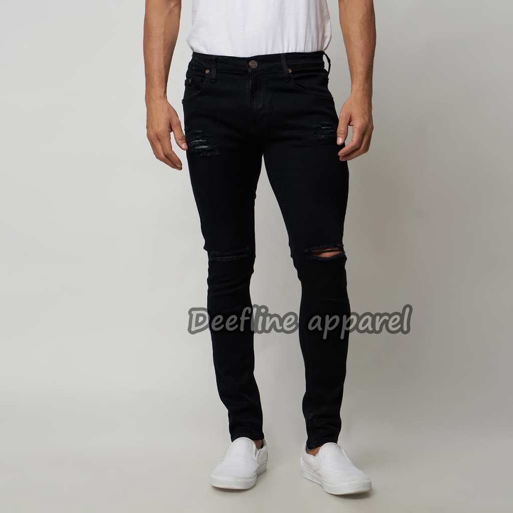 Deefline - Celana Jeans Pria Skinny Slimfit  Ripped Jeans HITAM