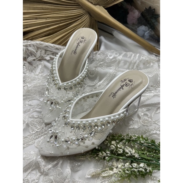 sepatu wanita wedding amirra putih 7cm kaca