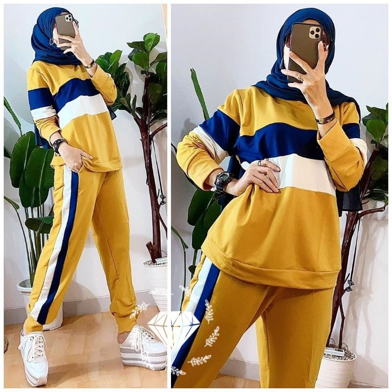 setelan seragam senam wanita - kaos olah raga satu set jumbo baju celana