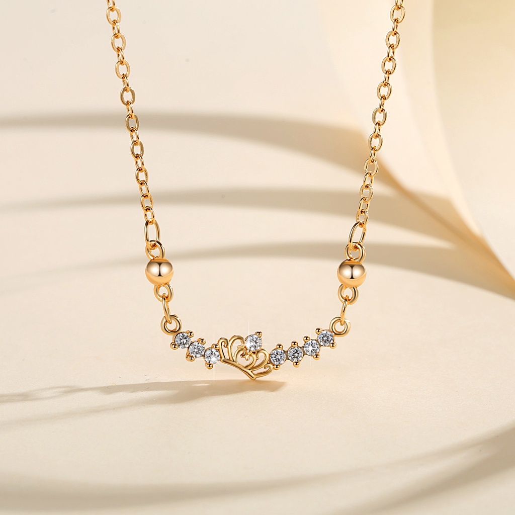 Y590 [COD✔] Kalung Mahkota Titanium Lapis Emas 18k Kristal Wanita Perhiasan Kalung Wanita Titanium Anti Karat