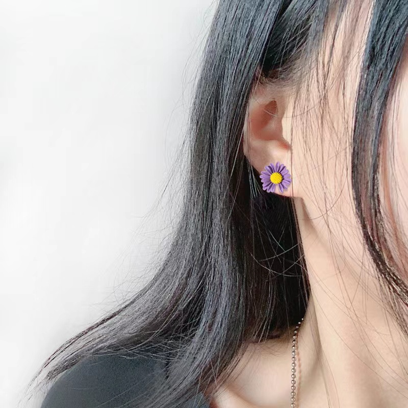 Anting S925 silver needle anti Alergi Desain Bunga smile face Warna Ungu violet