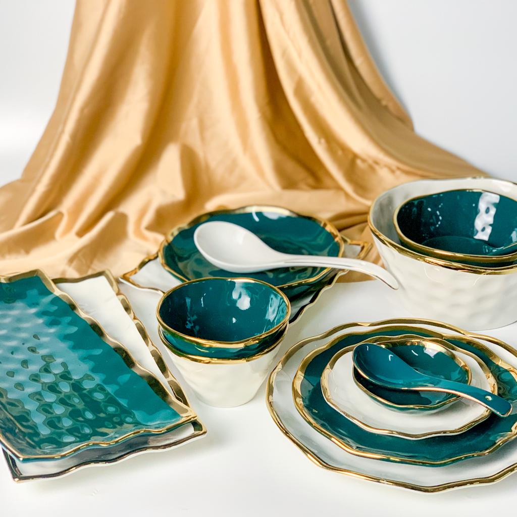 [Casa De Luxo] Wave Collection Set Piring dan Mangkok Set 6 Orang 26pcs List Gold Piring Keramik Pir