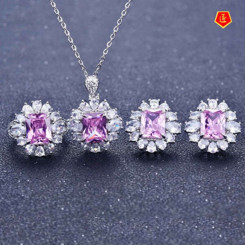 [Ready Stock]Square Pink Diamond Topaz Rings Ear Studs Suit for Women