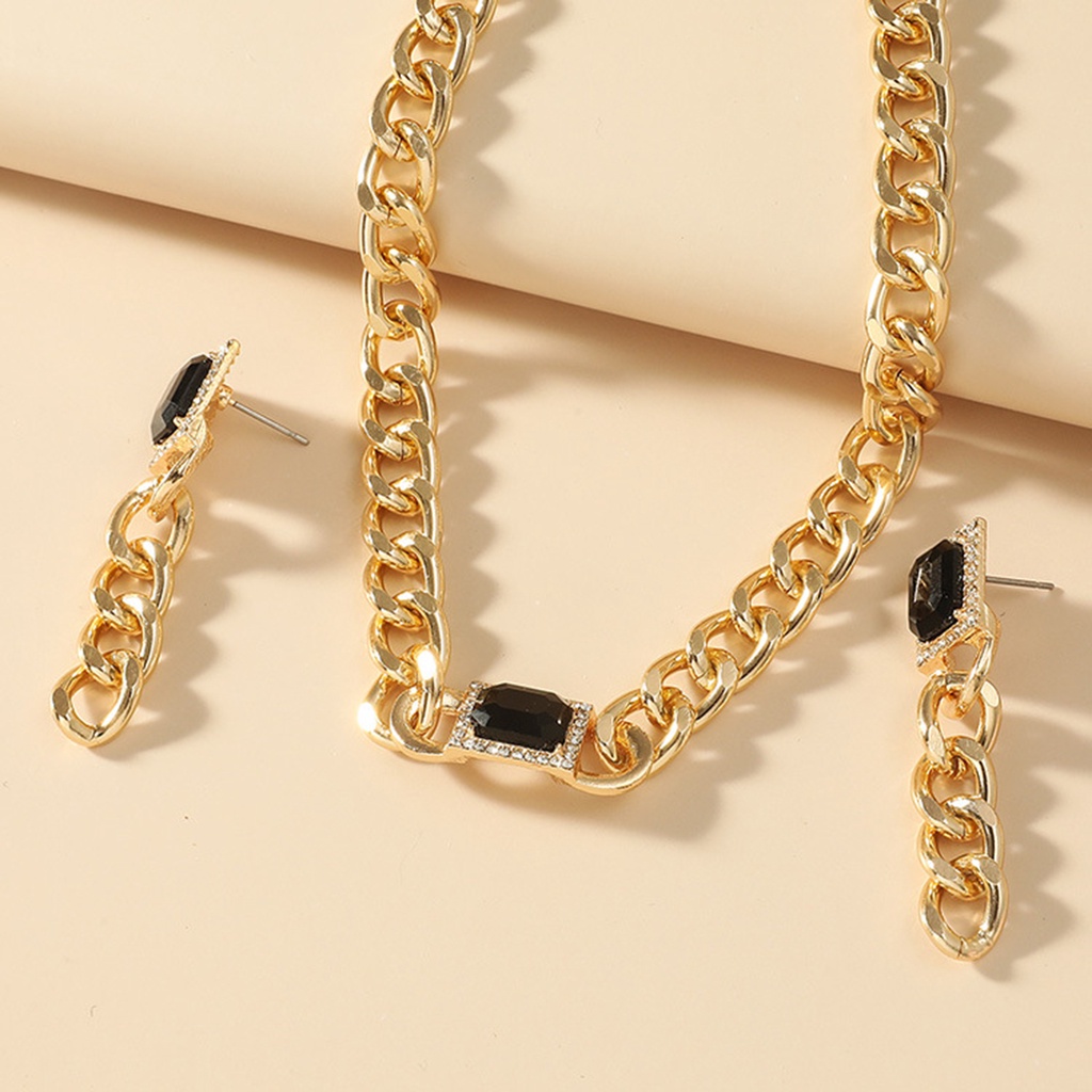 Hu Hu Hu Hu Hu Alat Bantu Pasang Kacamata♡ 2pcs / Set Kalung Rantai + Anting Gantung Panjang Tusuk Gaya Hip Hop Motif Geometri Aksen Batu Permata Imitasi Untuk Wanita