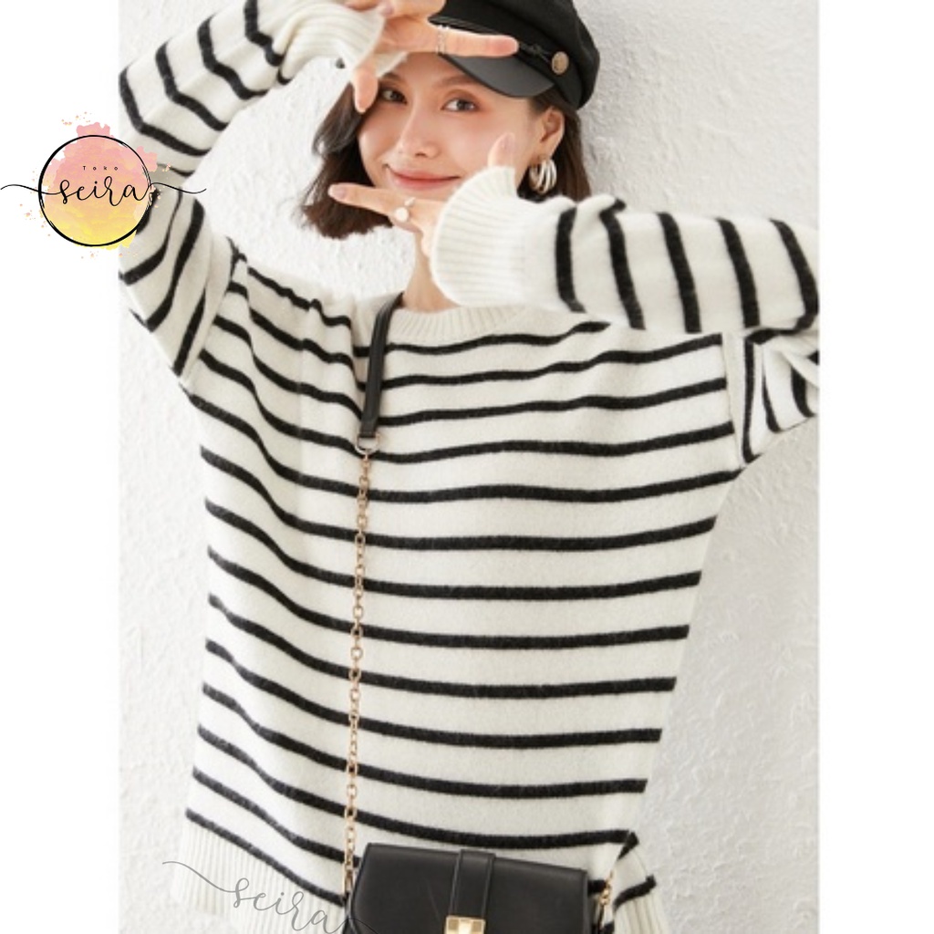 [BISA COD] Bayoneta Strip Knit / Atasan Rajut Lengan Balon / Switer Bayoneta Strip Knit Wanita Terbaru / Sweater Style Wanita Ootd Korea