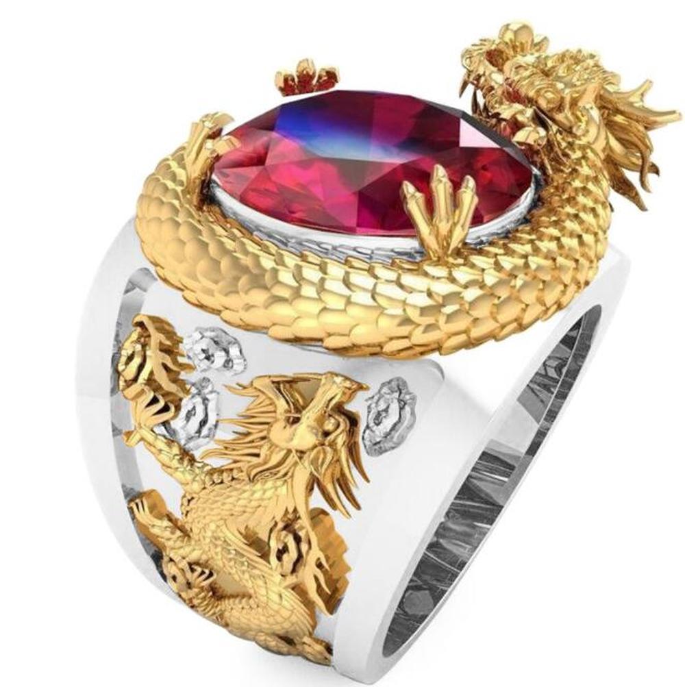 Naga 3D Baja Titanium Perak Emas Kristal Rubi Berlian Perhiasan Fashion Pria Patung Hewan Cincin Punk Gold Rings