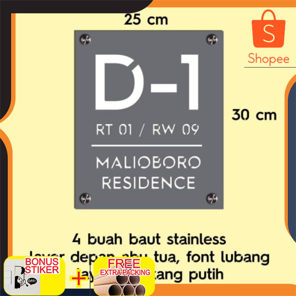 

Nomor / Nomer Rumah Akrilik / Acrylic 2 Layer Huruf Lubang 30 x 25 cm Elegan