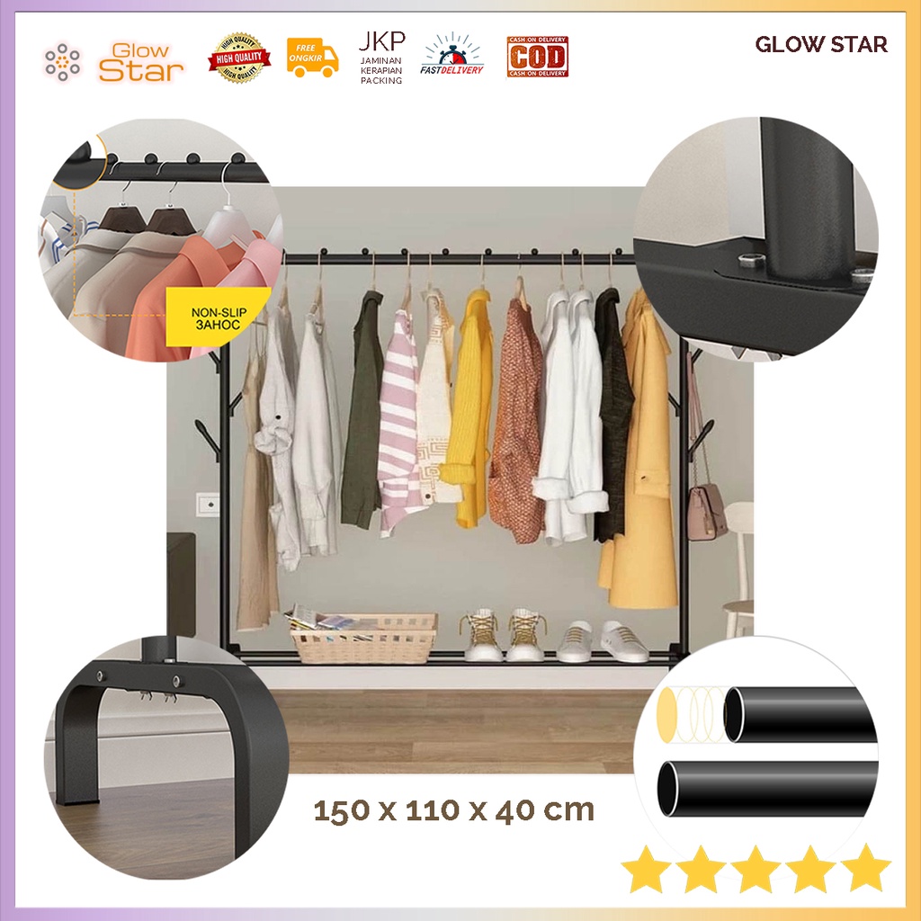 E001706 Stand Rak Gantungan Baju 150x110x40cm with 8 Hooks - Black Besar Wadah Gantung Celana Makeup Sepatu Jumbo Tebal Kamar Tidur Ruang Ganti Jaket