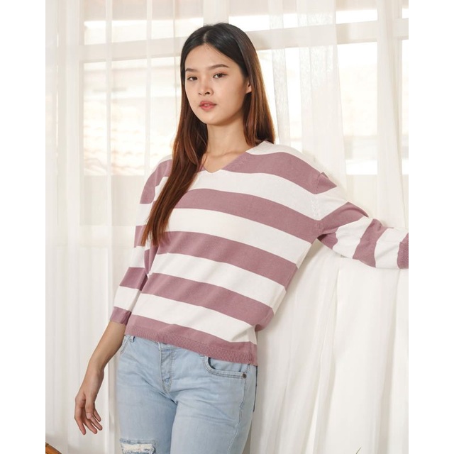 Nara Sweater Stripe Basic V neck Cotton Knit (288)