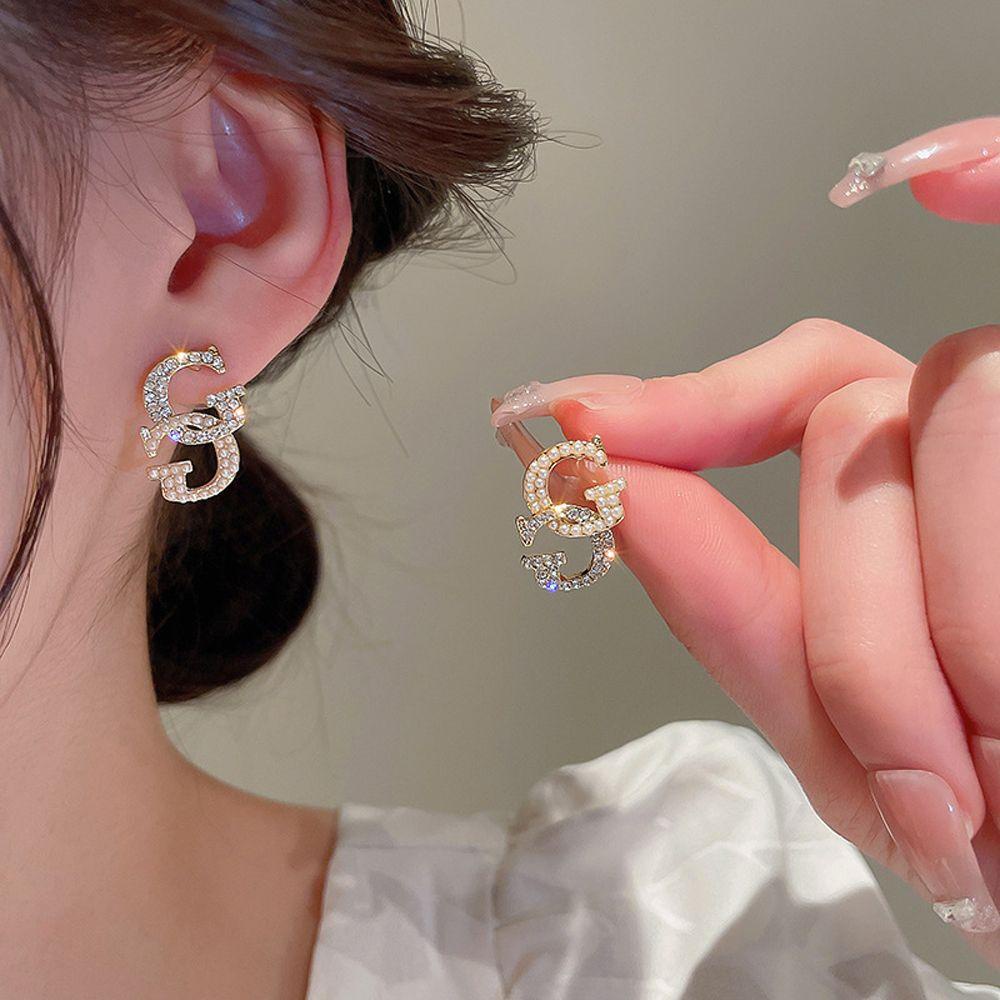 [Elegan] Wanita Menjuntai Anting Trendi Vintage Untuk Perempuan Temperamen Huruf G Kristal Drop Earrings