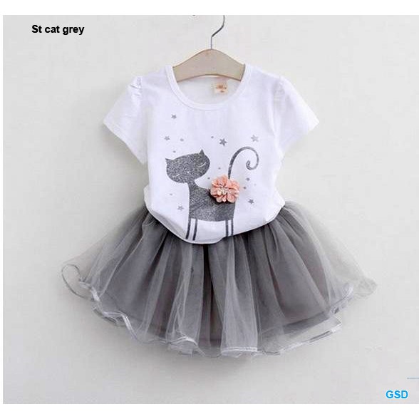 St cat/setelan baju dan rok tutu/fashion baju anak perempuan lucu/atasan baju motif kucing murah