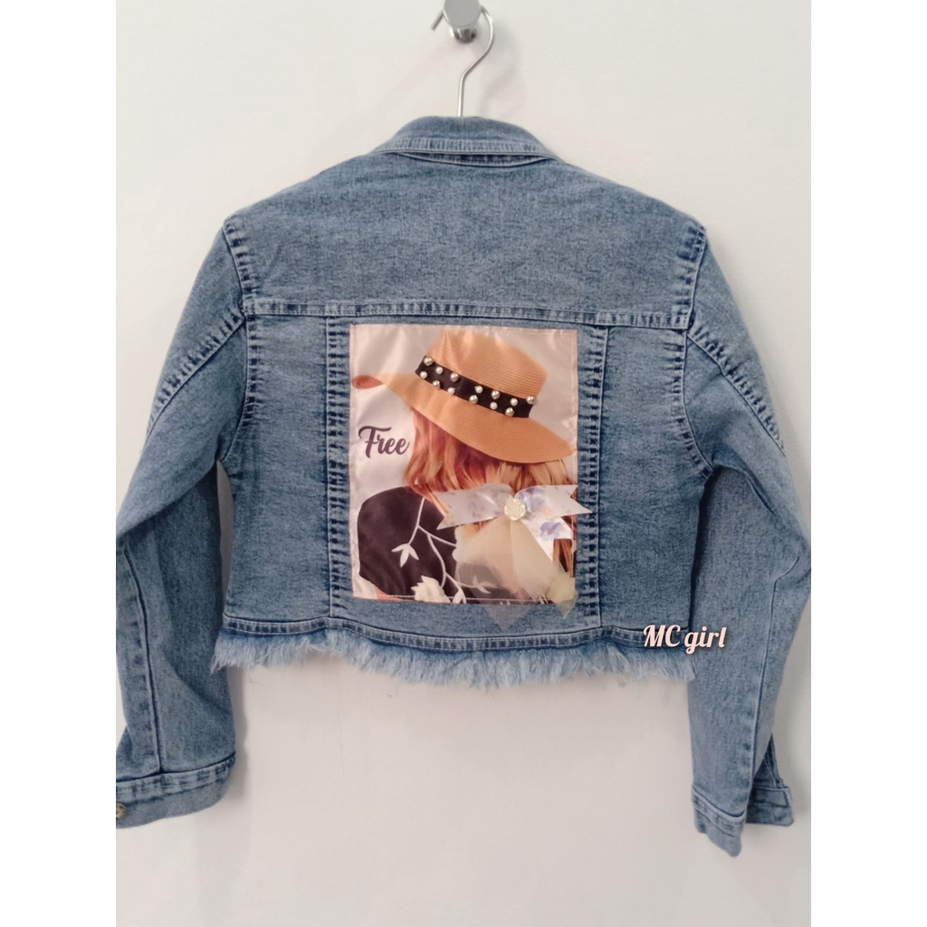 MC girl - Jaket Jeans Gambar Crop Sobek Rawis / Jacket Denim Body Pendek Ripped Rumbai