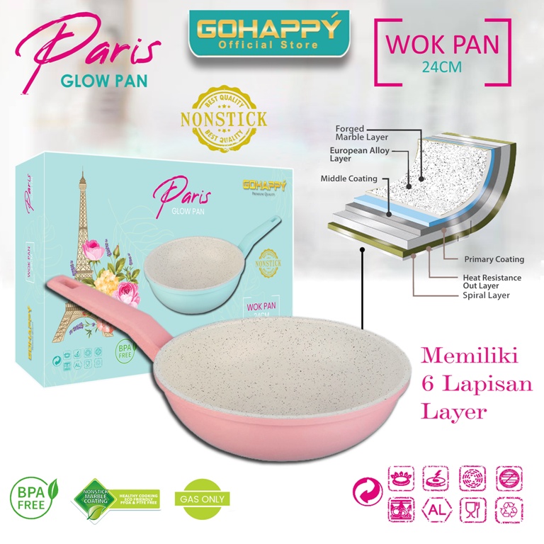 MIZUKI PENGGORENGAN WOK Pan Paris GHP10 PINK Panci kuali Glow pan Gohappy Paling murah