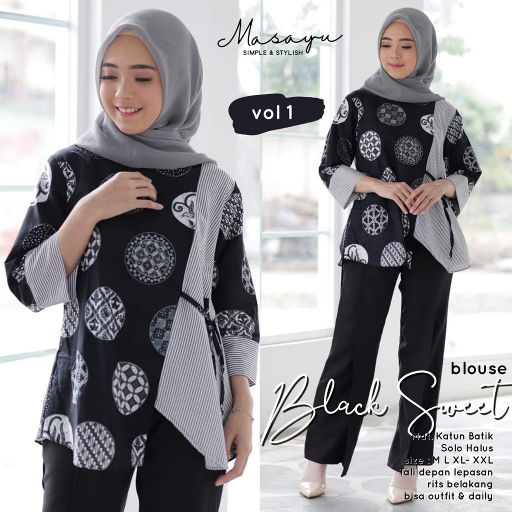 [PREMIUM] Blouse Black Sweet Batik Ziggy Tali Atasan Blus Mono Monochrome Muslim Kerja Seragam