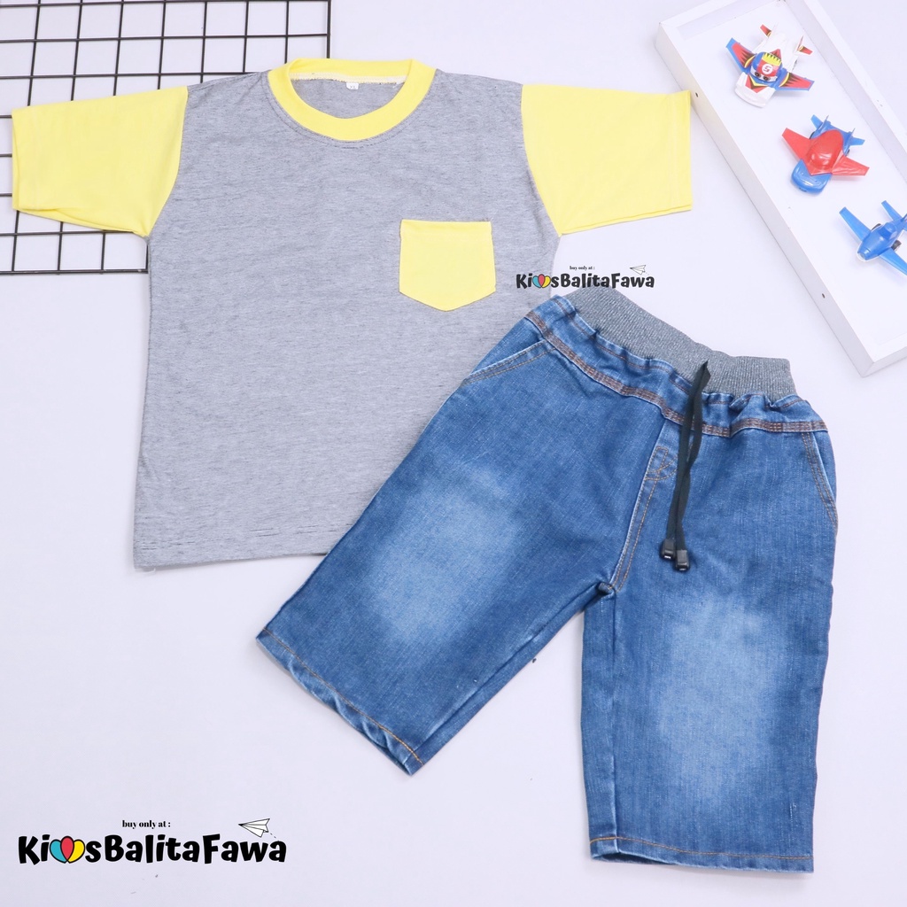 Setelan John Ethes uk Bayi-6 Tahun / Baju Anak Laki-Laki Lengan Pendek Celana Jeans Set Oblong Kantong