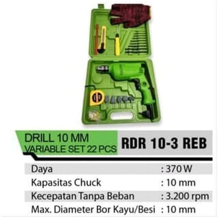 GRATIS ONGKIR!! Mesin bor besi kayu Variable 10MM RYU RDR10-3REB Mesin Bor Besi 10 mm SET 22 Pcs Variabel Speed Koper