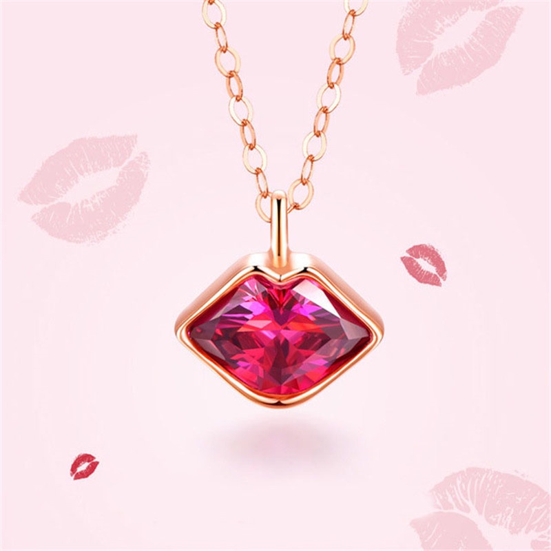 [Ready Stock]Fashion Lips Red Crystal Pendant Rose Gold Necklace