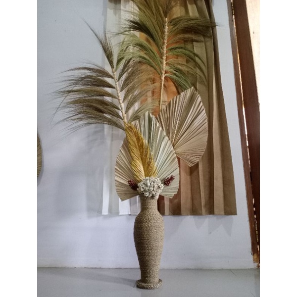 Paket Bunga Kering dan Pot 50cm | Dried Flower | Hiasan Rumah Estetik | Daun Palem Kering | Bunga Ke