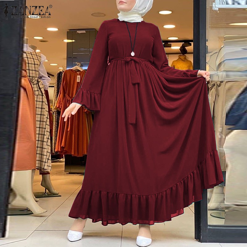 ZANZEA Women Flare Sleeve Retro Casual Plus Size Muslim Long Dress