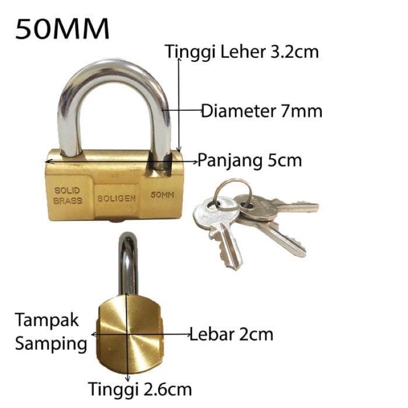 Gembok balok pintu pagar full kuningan 50mm Soligen