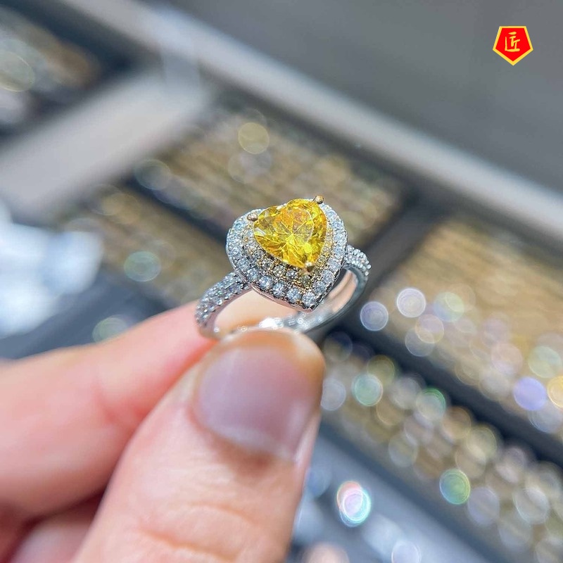 [Ready Stock]Classic Citrine Love Heart-Shaped Micro-Inlaid Crown Open Ring