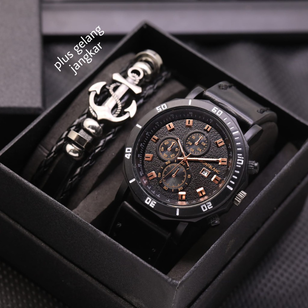 Jam Tangan pria MontBlanc model sport Strap Kulit Plus Gelang Kulit Mewah Tanggal Active Free Box