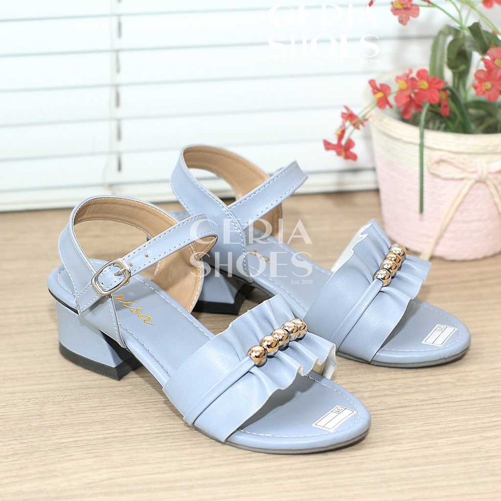 Sandal Hak Pesta Anak Perempuan  Tali Belakang Tinggi 3 Cm Sol Non-Slip Empuk Anti Lecet Motif Mutiara Kerut JLS1