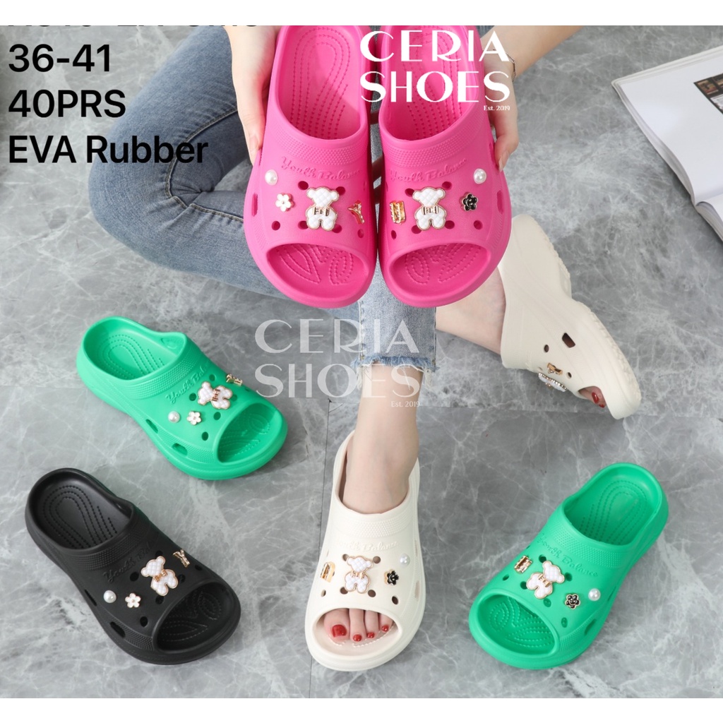 EVA Sandal Slop Wanita Bahan Spons Super Soft Korean Slippers Empuk Rubber Tebal 5 Cm Non-Slip Ringan Elastis Motif White Bear 2A