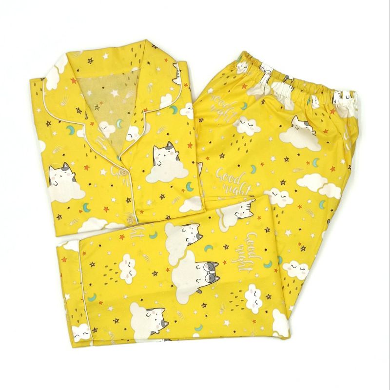 Baju Tidur Wanita / Piyama Wanita Tie Dye Set Motif Kekinian-Cats Yellow