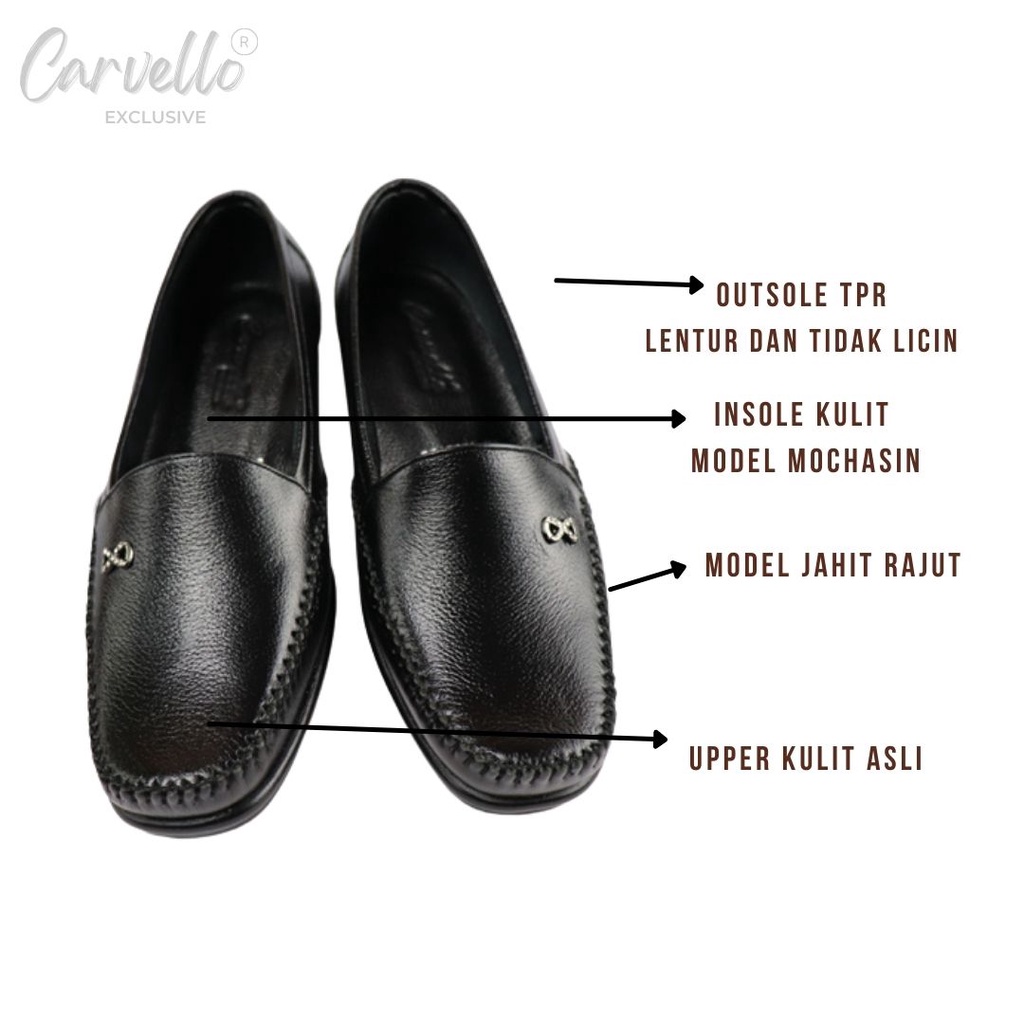 Sepatu Pantofel Wanita Kantor Flat Shoes CARVELLO 1205 Hitam Kulit Asli