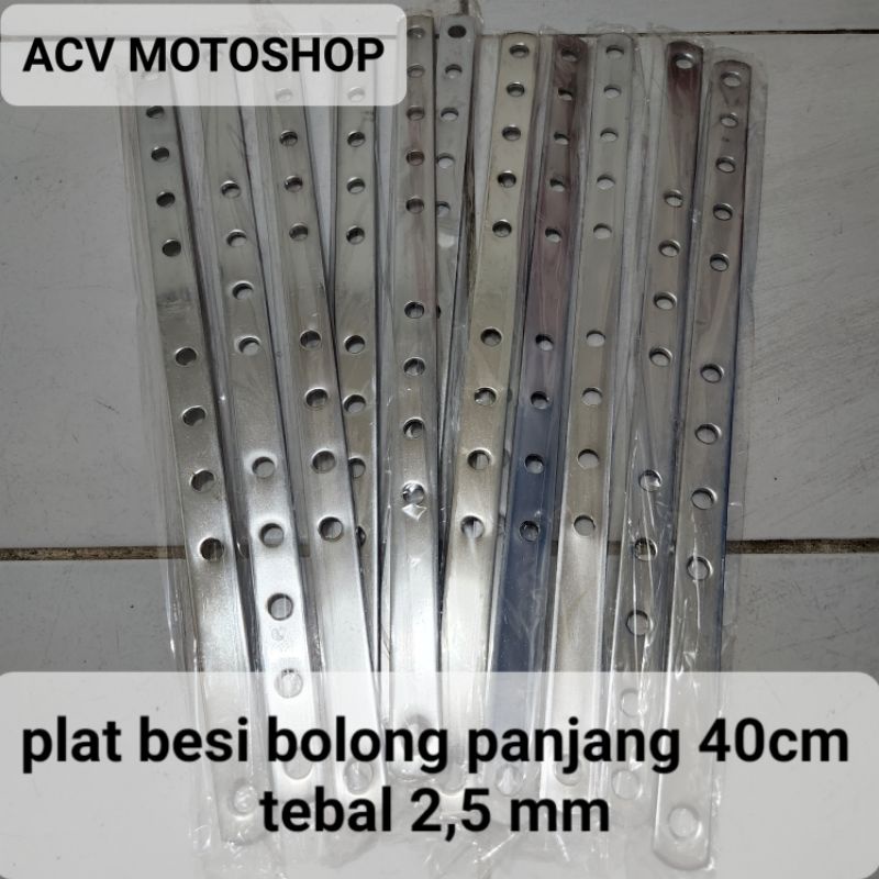 Plat Besi Bolong Tebal Chrome Universal panjang 38cm tebal 2,5mm lebar 2cm