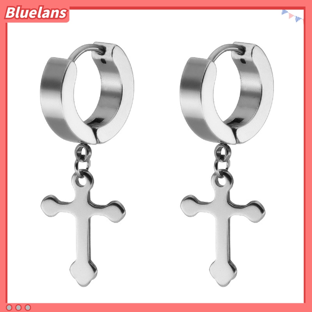 1 Pasang Anting Hoop Liontin Salib Menjuntai Bahan Titanium Steel Tahan Lama Untuk Pria Dan Wanita