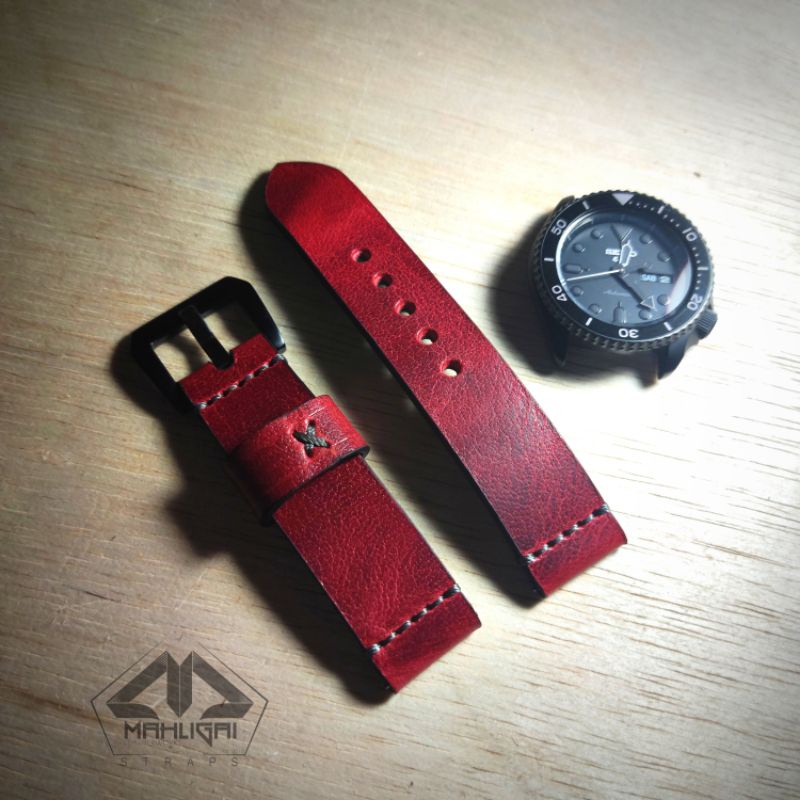 Strap jam tangan kulit merah rustic / tali jam rustic