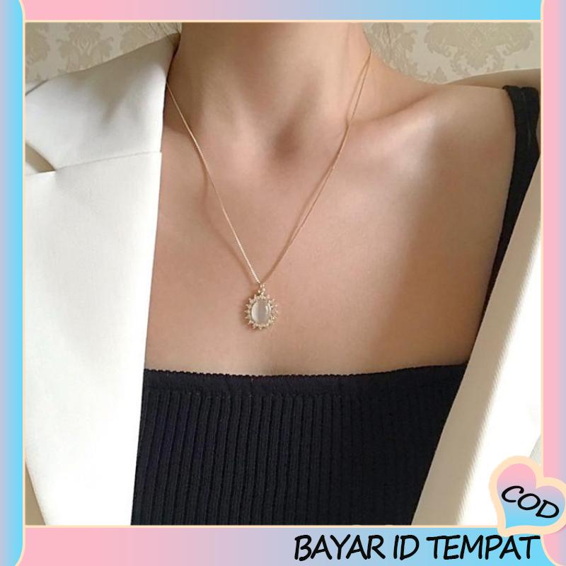 COD❤️ Retro Light Luxury Opal Kalung Wanita All-Match Hadiah Ulang Tahun Sederhana-A.one